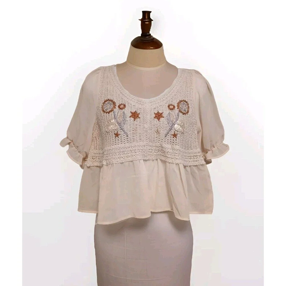 NWT Baby Doll Korean Boho Sheer Crochet Top/Blouse with Embroidery for Women-S - Picture 1 of 8